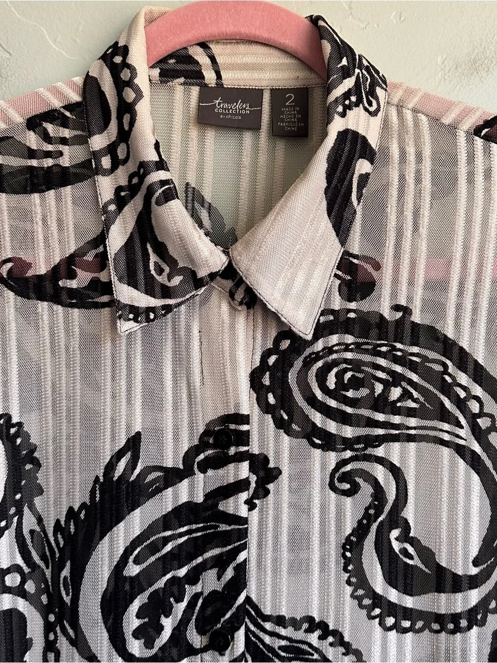 Chico's Women Artsy Black White Paisley Button-Front Long Sheer Tunic Top Blouse